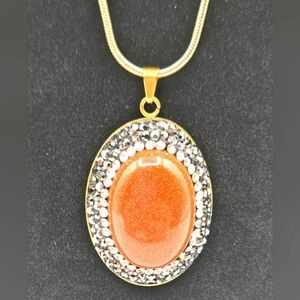 VINTAGE Brown Goldstone Oval Pendant w/ Rhinestone Detail Gold Tone